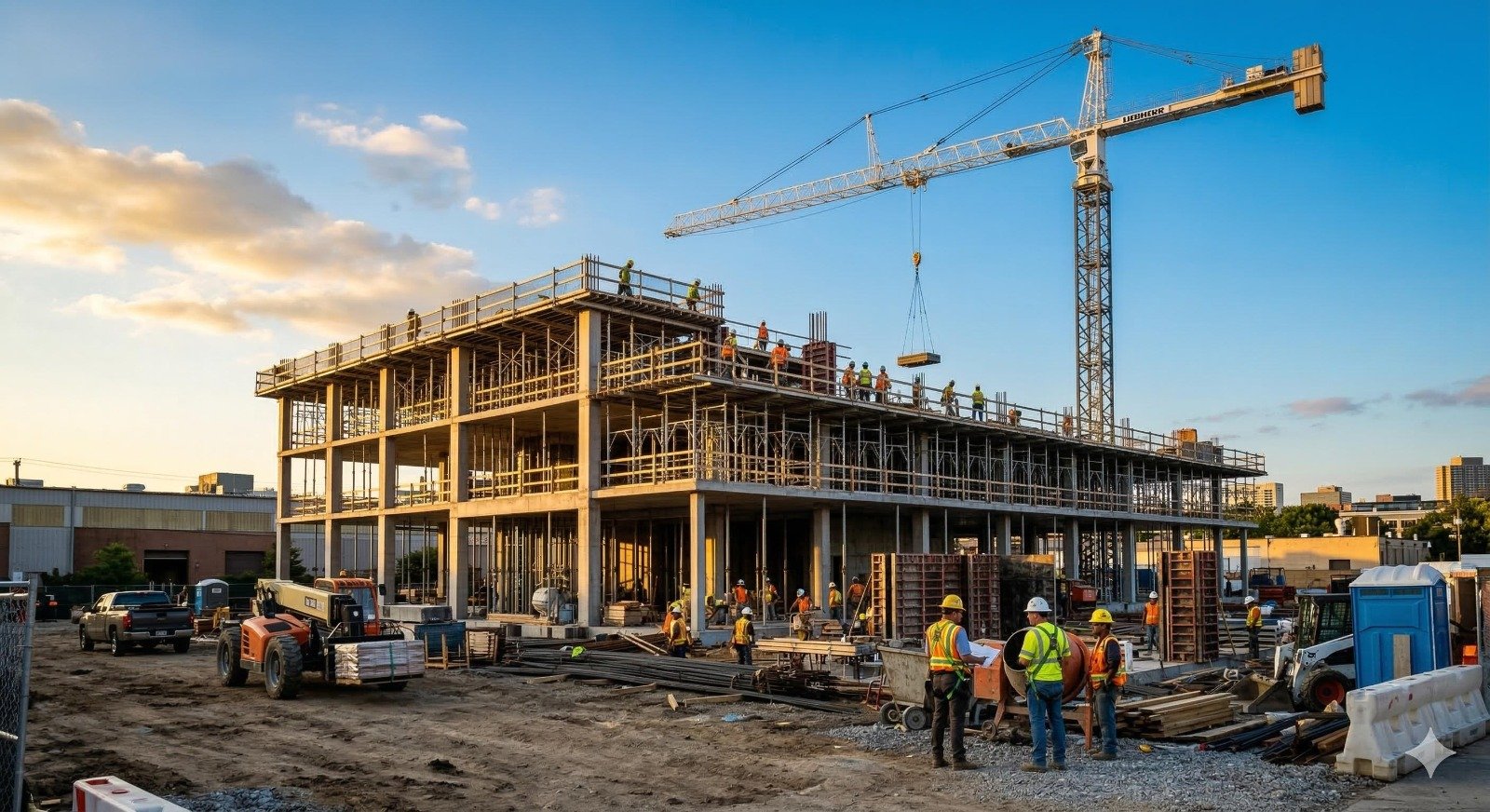 Engineers reviewing blueprints at construction site